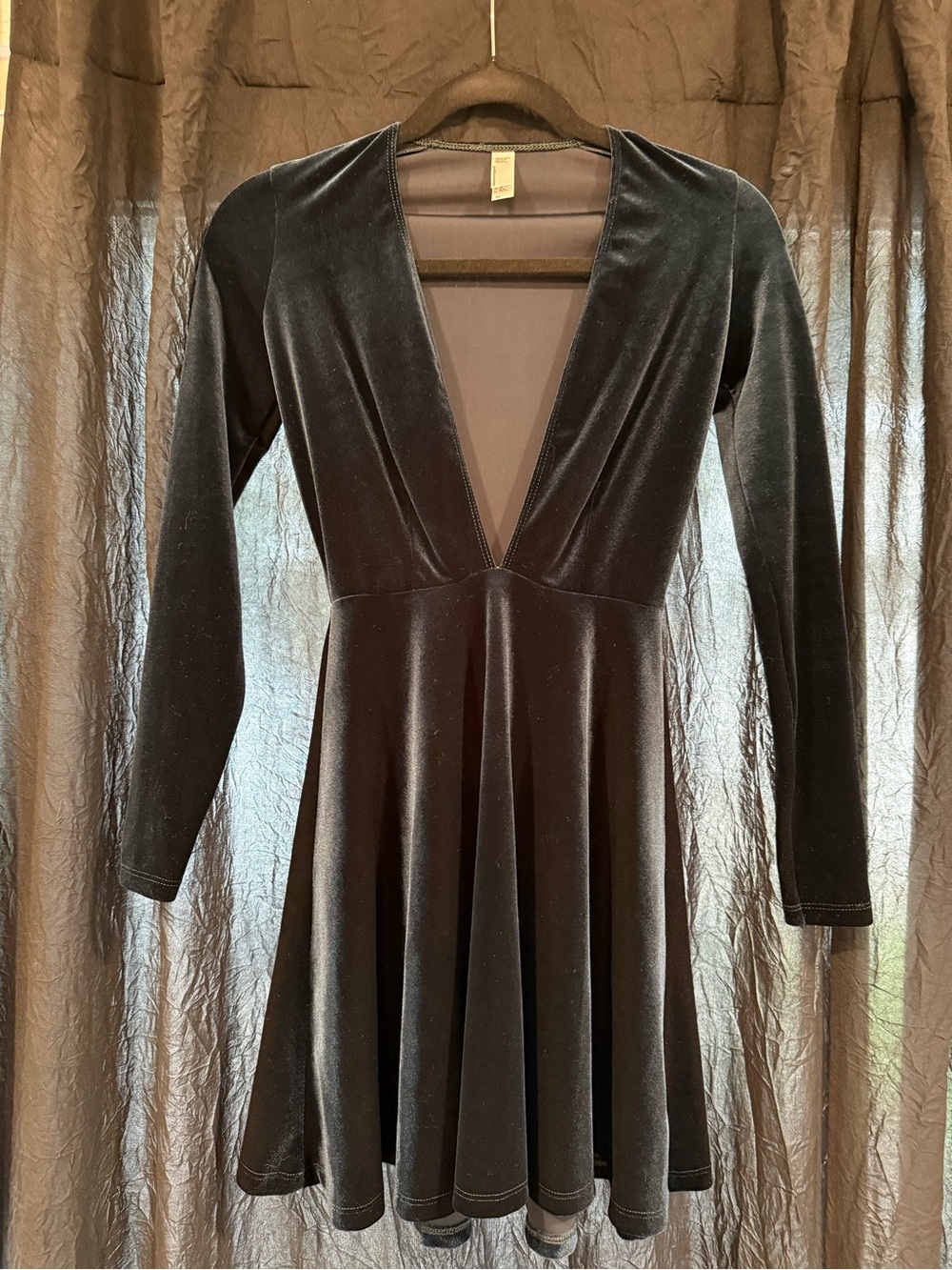 Vintage American Apparel Emerald Green Velvet Deep V Skater Mini Dress XS